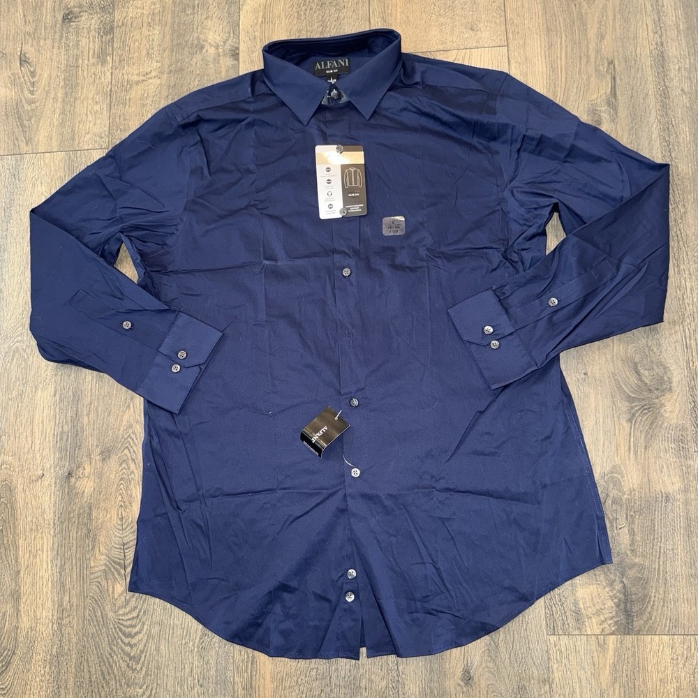 NWT ALFANI Button Front Dress Shirt Navy Blue Long Sleeve Stretch Sz L 16-16.5